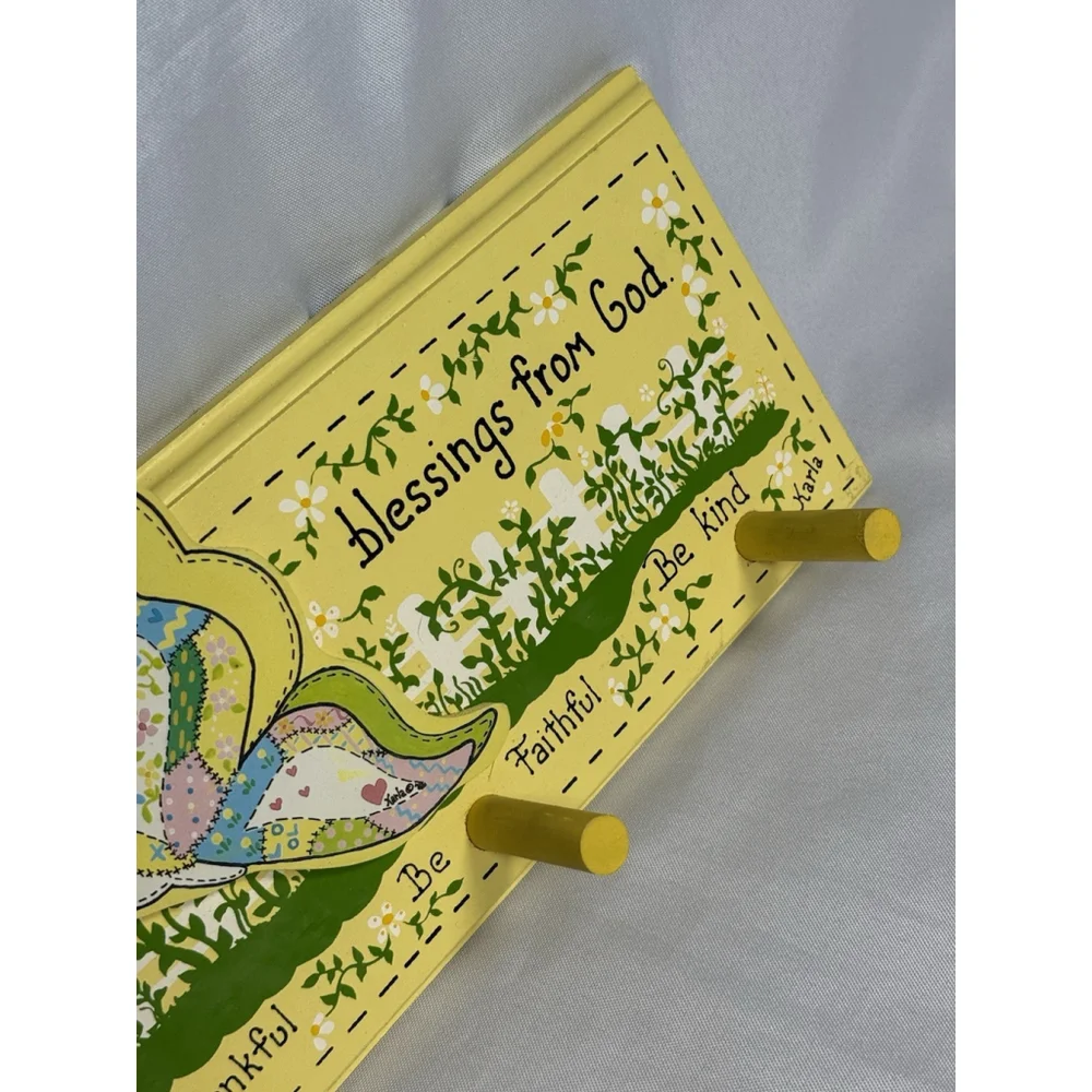 Vintage Homemade Butterfly Yellow Blessing Peg Wall Coat Robe Cap Rack Signed